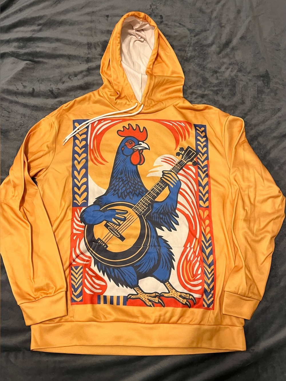Like New Men's Mustard Yellow Graphic Hoodie with Blue Rooster Print L